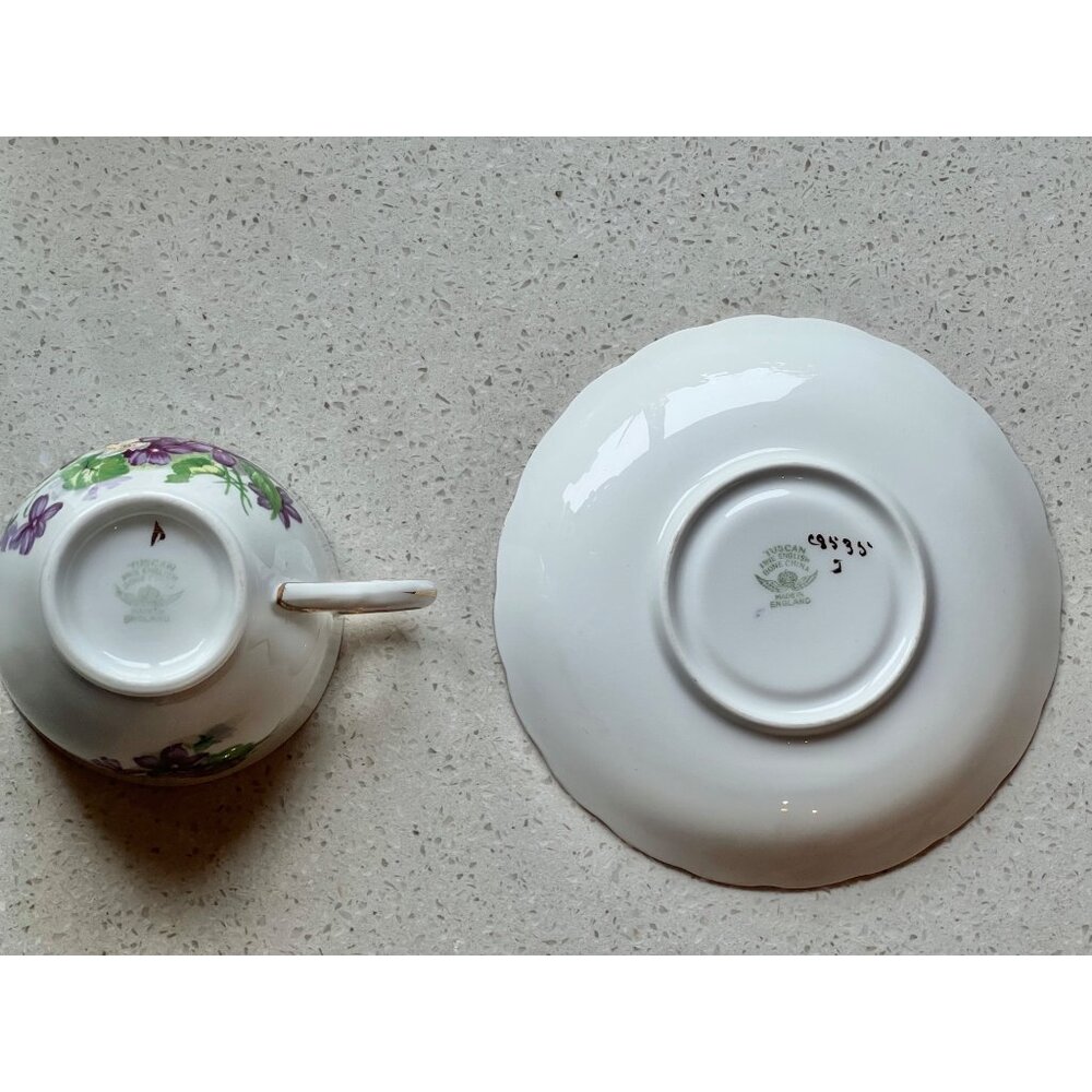 Tuscan Bone China England Teacup & Saucer Set With Violet Floral Design Gold Tri - Picture 8 of 13